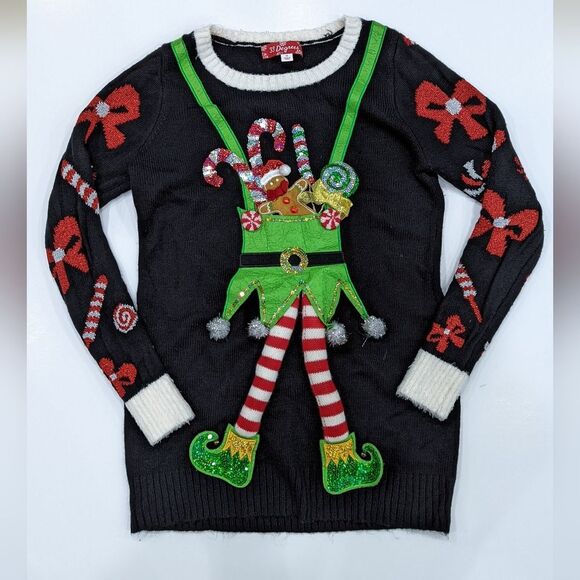 33 Degrees ugly Xmas Christmas sweater black elf legs candycane bow size medium - Picture 3 of 6